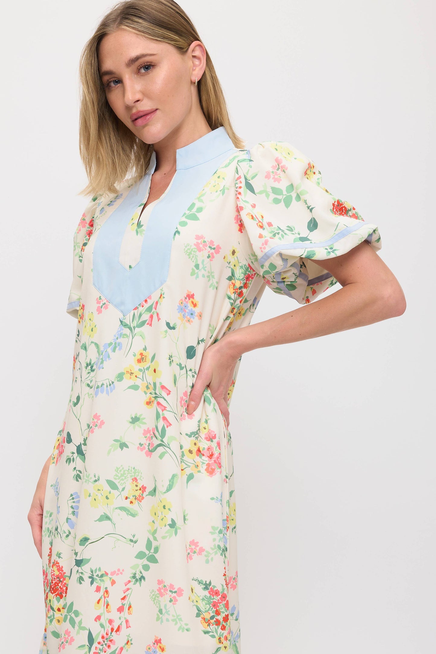 Floral Dress with Soft Blue Contrast Piping
