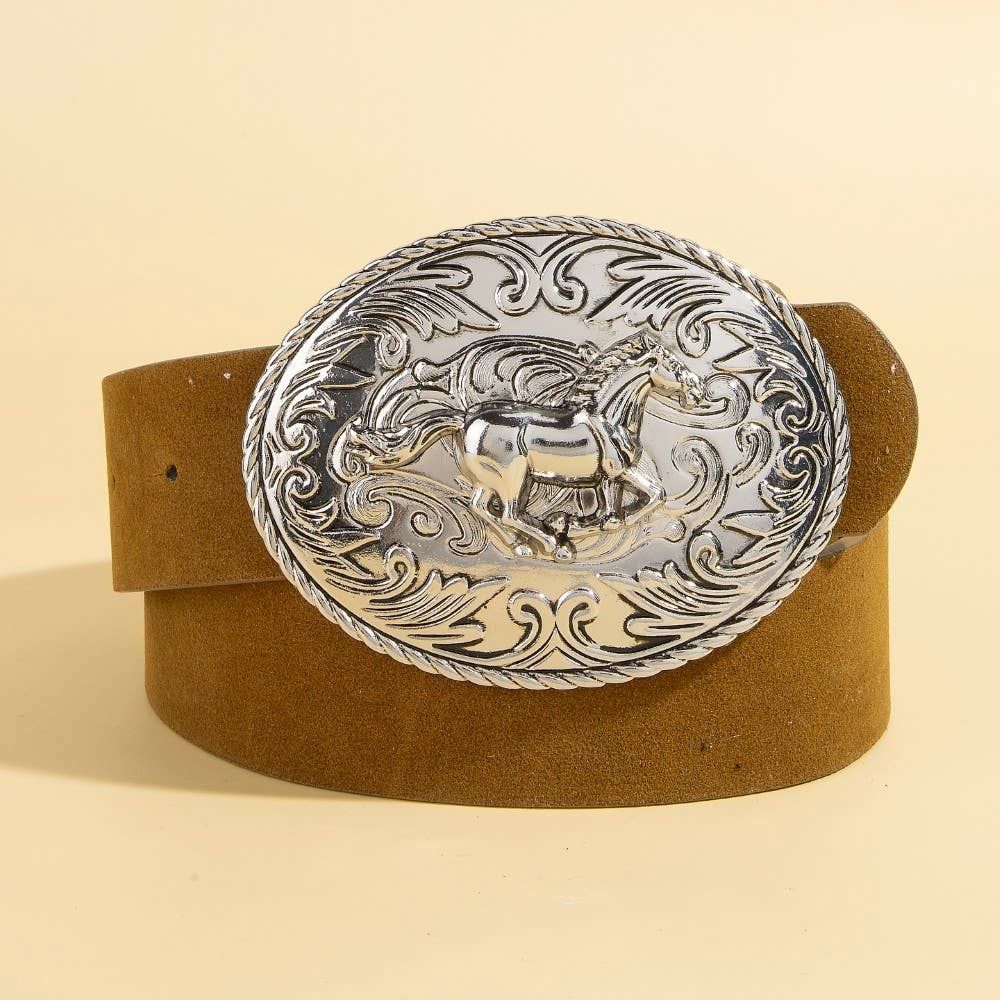 Western Large Engraved Horse Buckle Belt