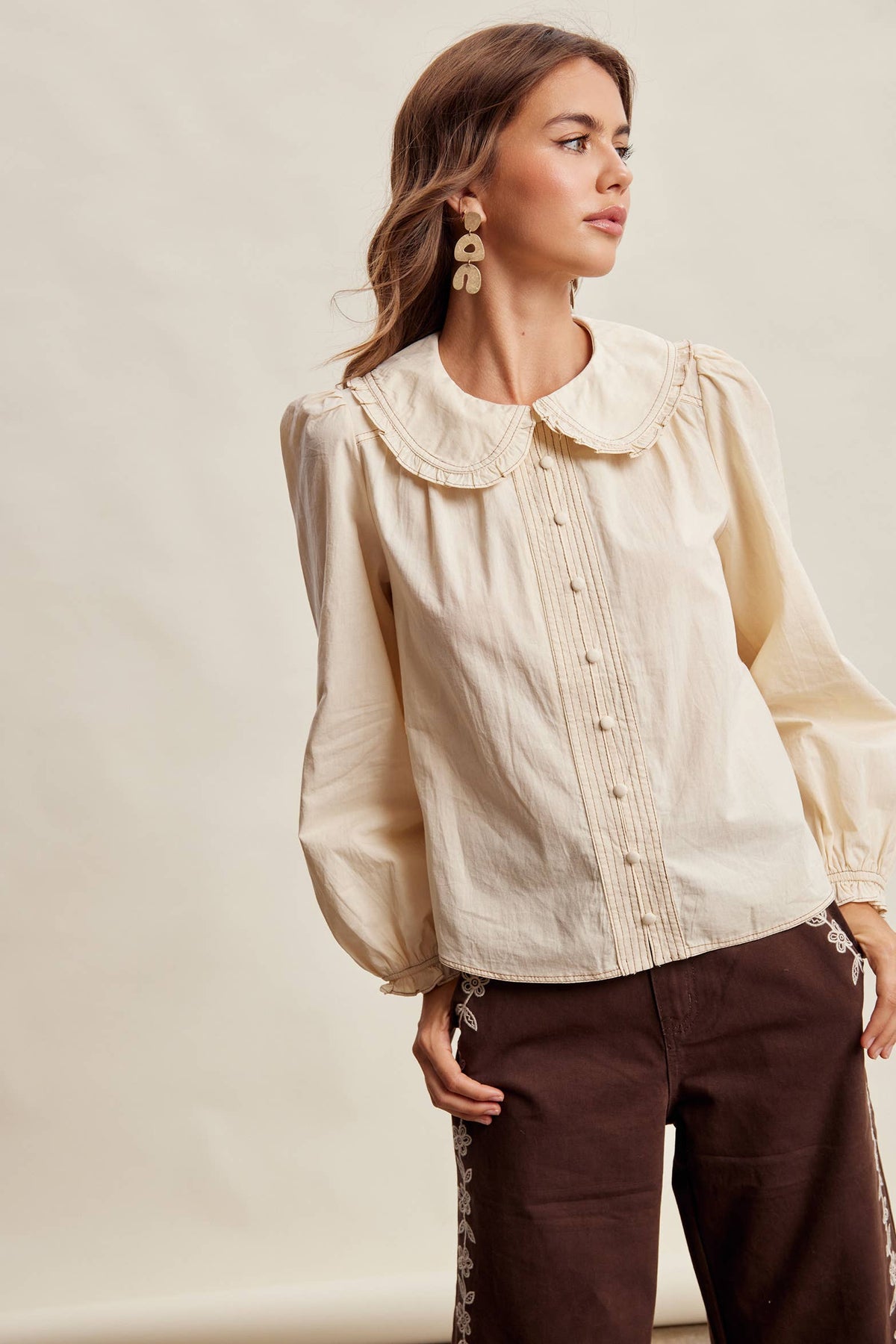 Contrast Stitch Ruffle Collar Cotton Blouse: Cream