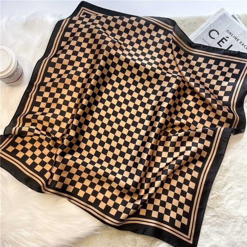 LARGE CHECKER PRINT SILKY FEEL BANDANA SCARF  Brown