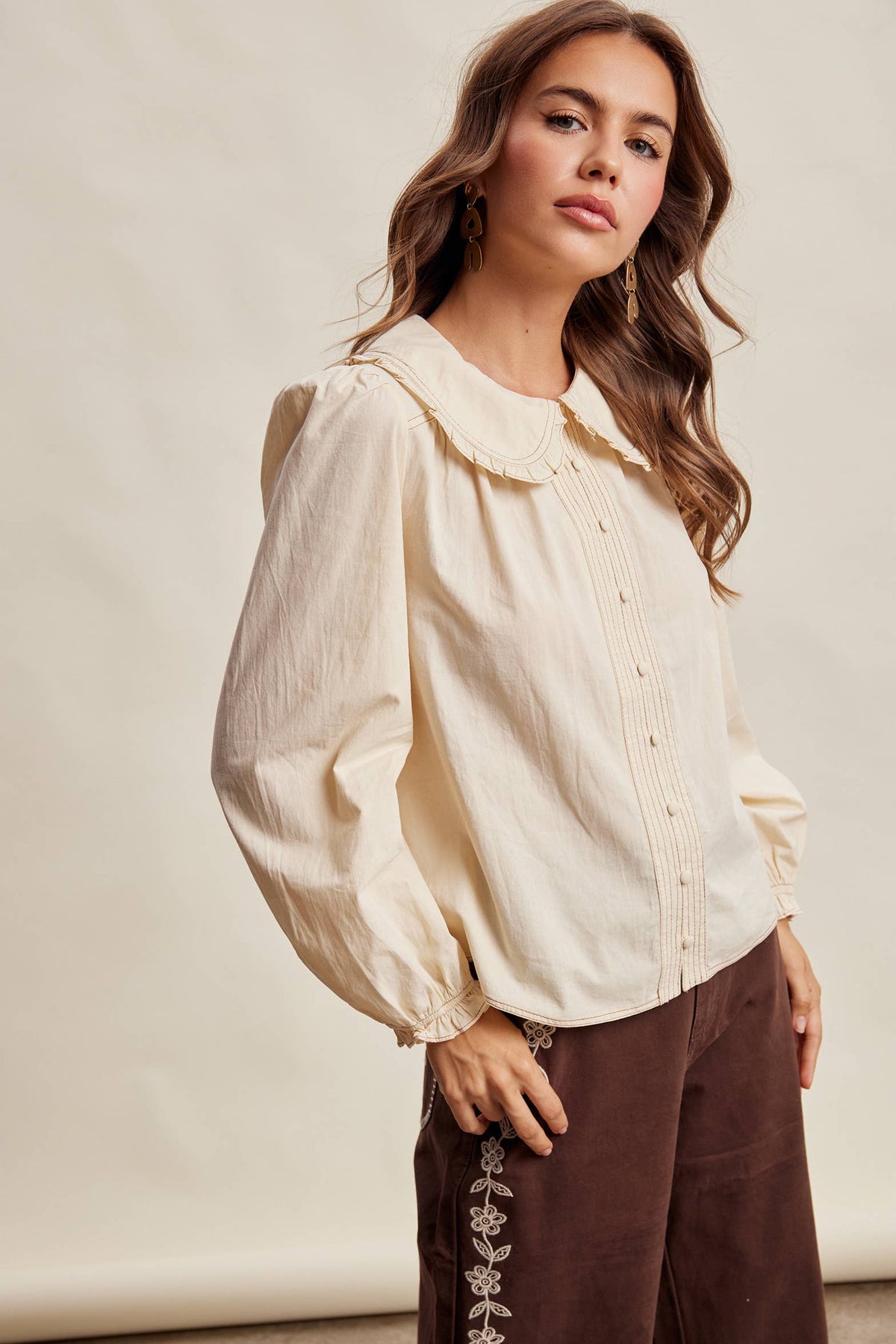 Contrast Stitch Ruffle Collar Cotton Blouse: Cream