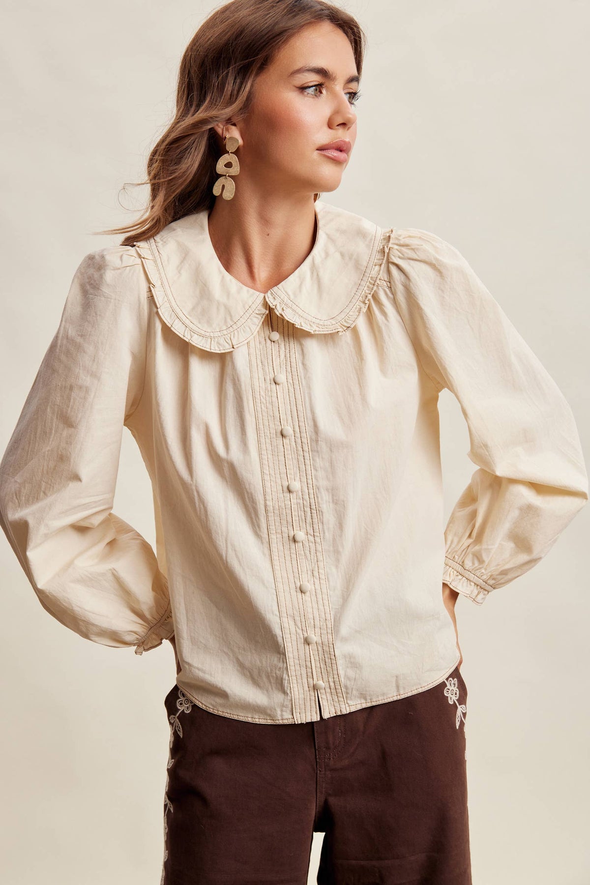 Contrast Stitch Ruffle Collar Cotton Blouse: Cream