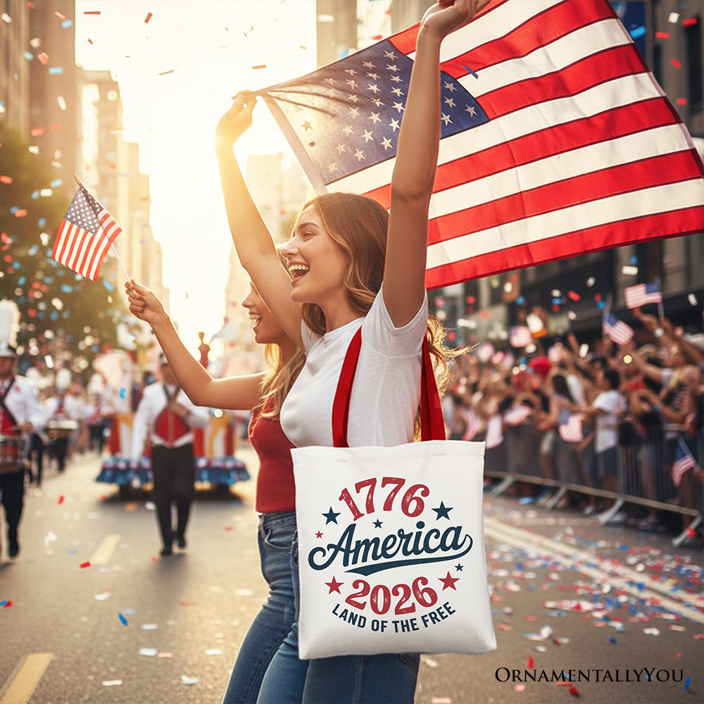 Patriotic America 1776-2026 Land of the Free Canvas Tote Bag, 250 Year Independence Day Celebration