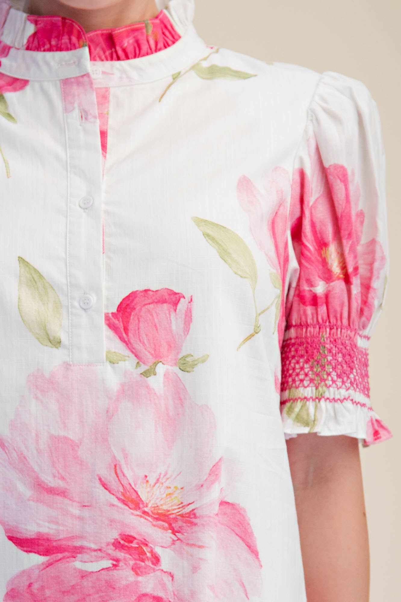 Pink Floral Ruffle Neck Puff Sleeve with Smocking Midi Dress