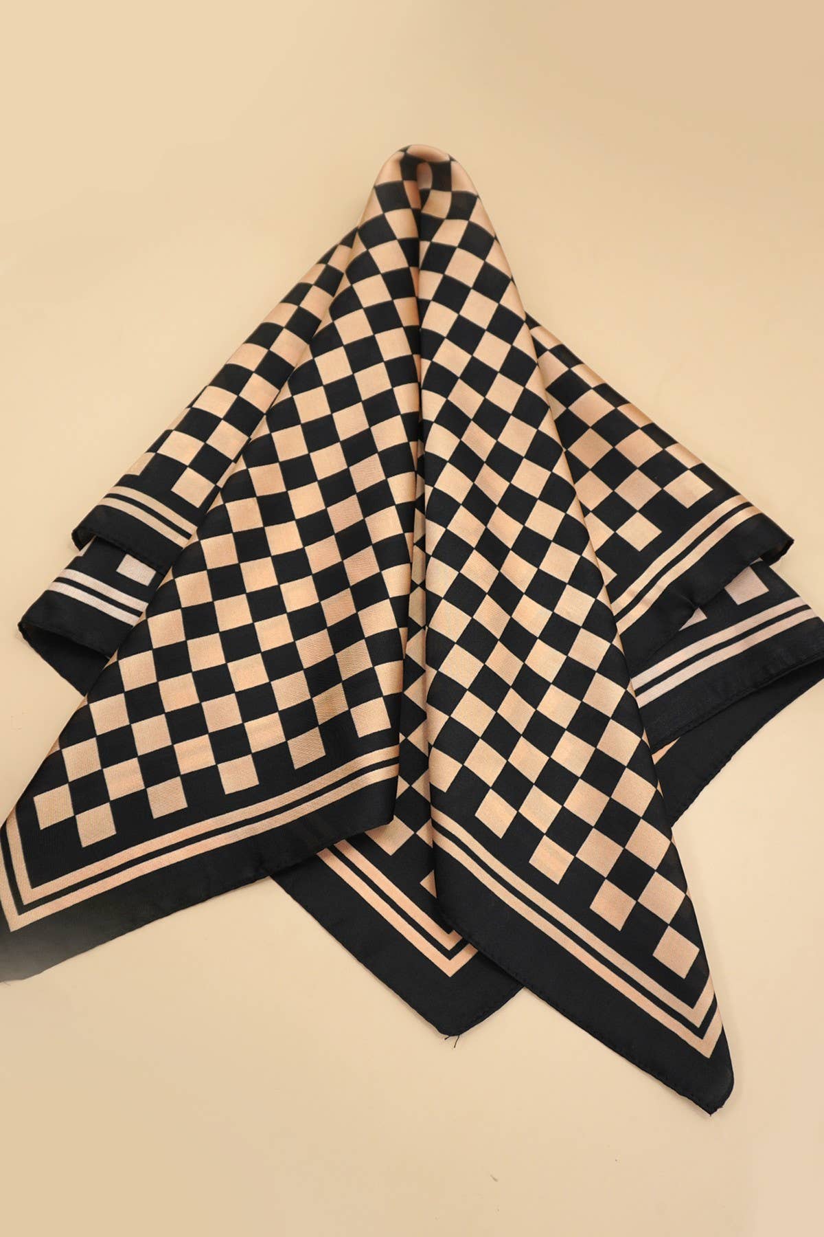 LARGE CHECKER PRINT SILKY FEEL BANDANA SCARF  Brown