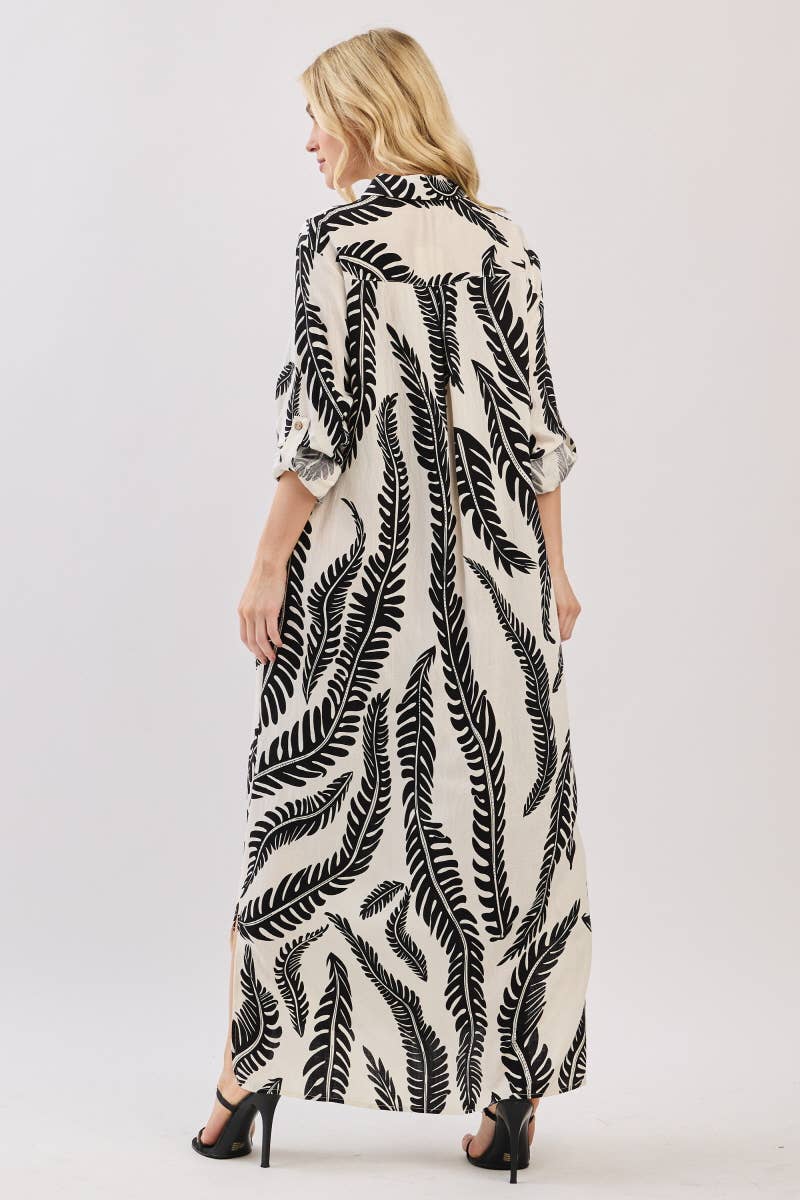 Palm Print Button-Down Maxi Dress