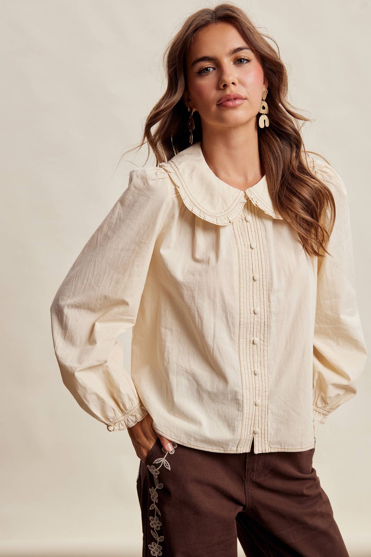 Contrast Stitch Ruffle Collar Cotton Blouse: Cream