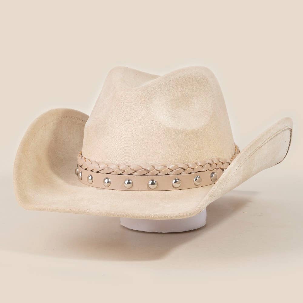 Braided And Studded Strap Faux Suede Cowboy Hat: IVORY