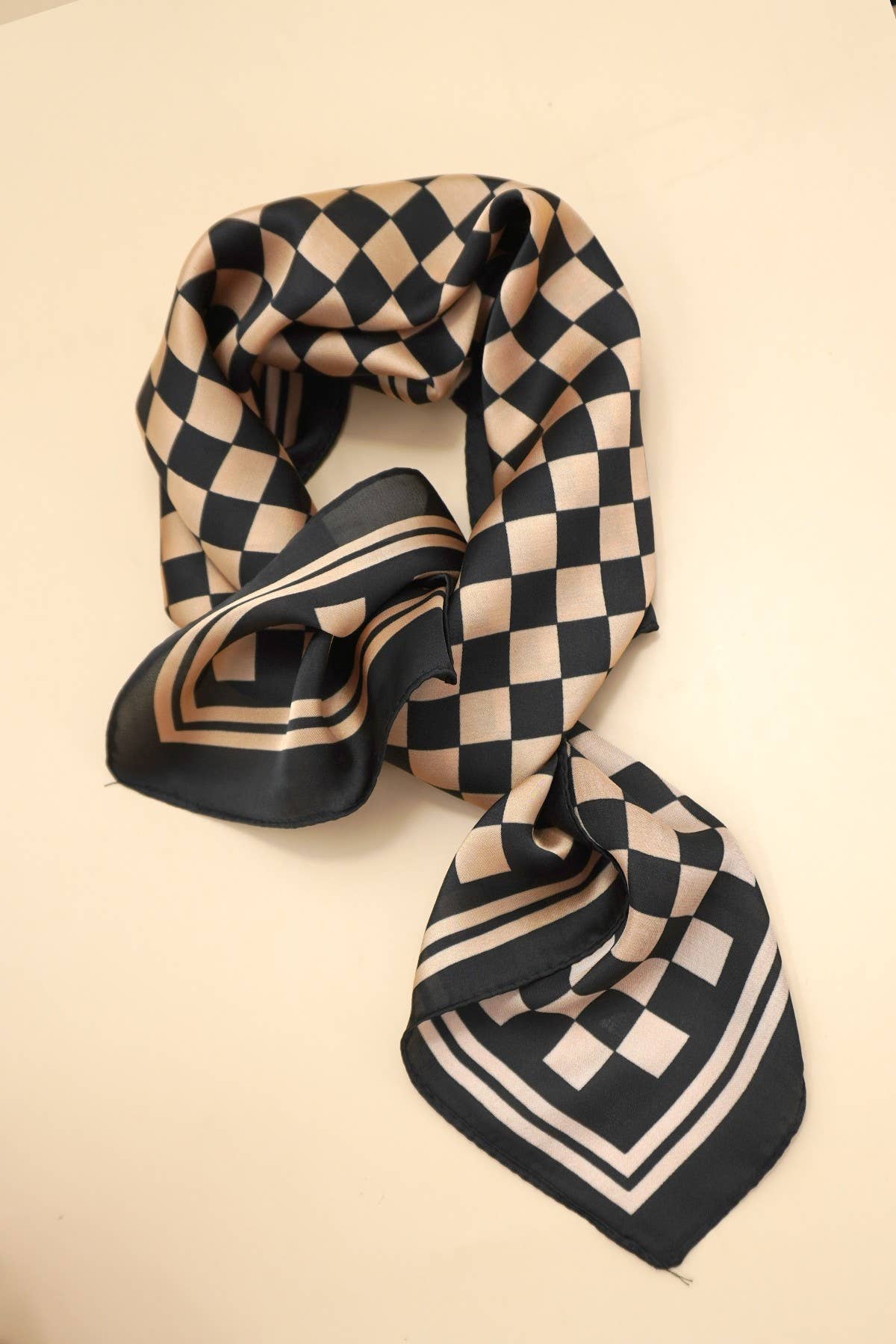 LARGE CHECKER PRINT SILKY FEEL BANDANA SCARF  Brown