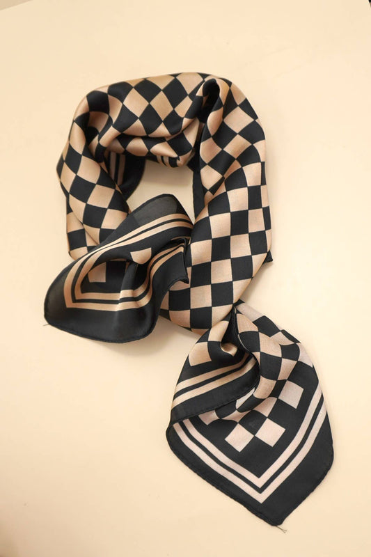 LARGE CHECKER PRINT SILKY FEEL BANDANA SCARF  Brown