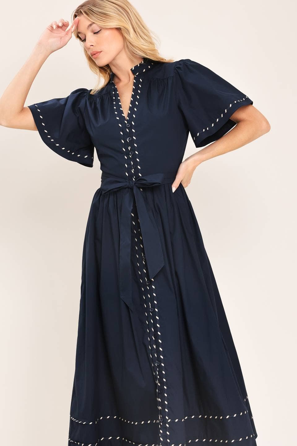 Navy Midi Dress with Contrasting Binding