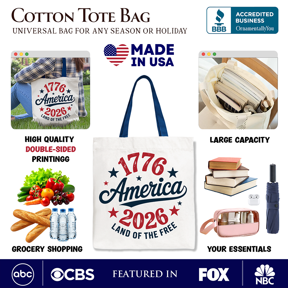 Patriotic America 1776-2026 Land of the Free Canvas Tote Bag, 250 Year Independence Day Celebration