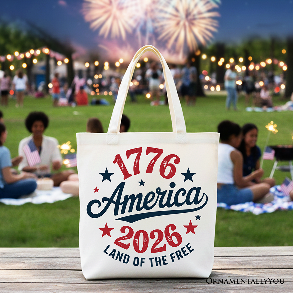 Patriotic America 1776-2026 Land of the Free Canvas Tote Bag, 250 Year Independence Day Celebration