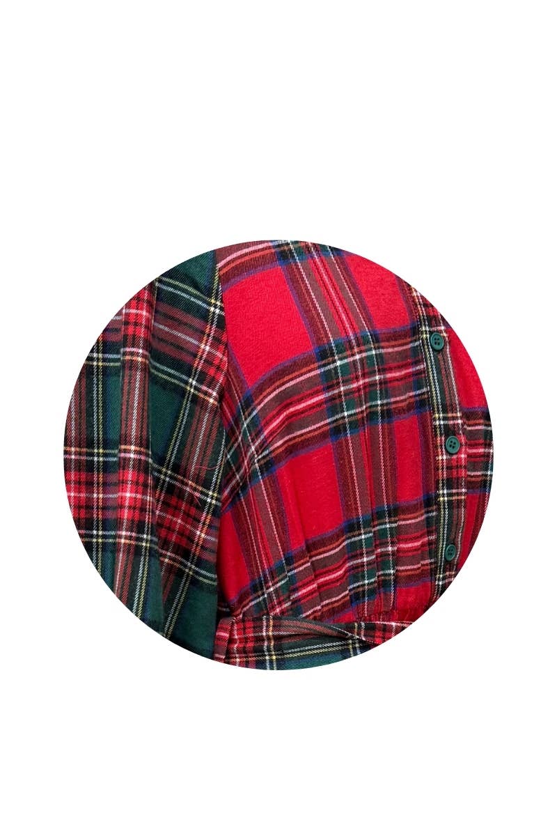 Festive Mixed-Plaid Tiered Maxi Dress: RED GREEN