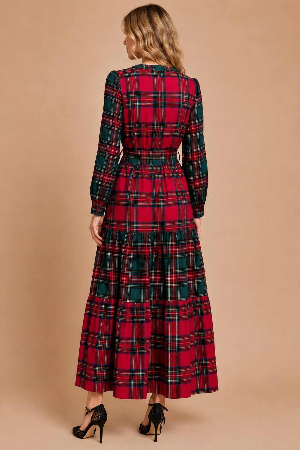 Festive Mixed-Plaid Tiered Maxi Dress: RED GREEN