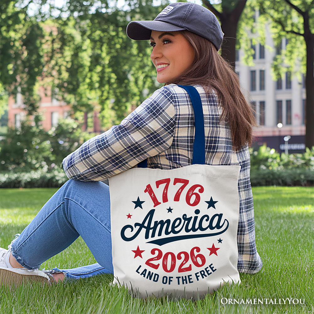 Patriotic America 1776-2026 Land of the Free Canvas Tote Bag, 250 Year Independence Day Celebration