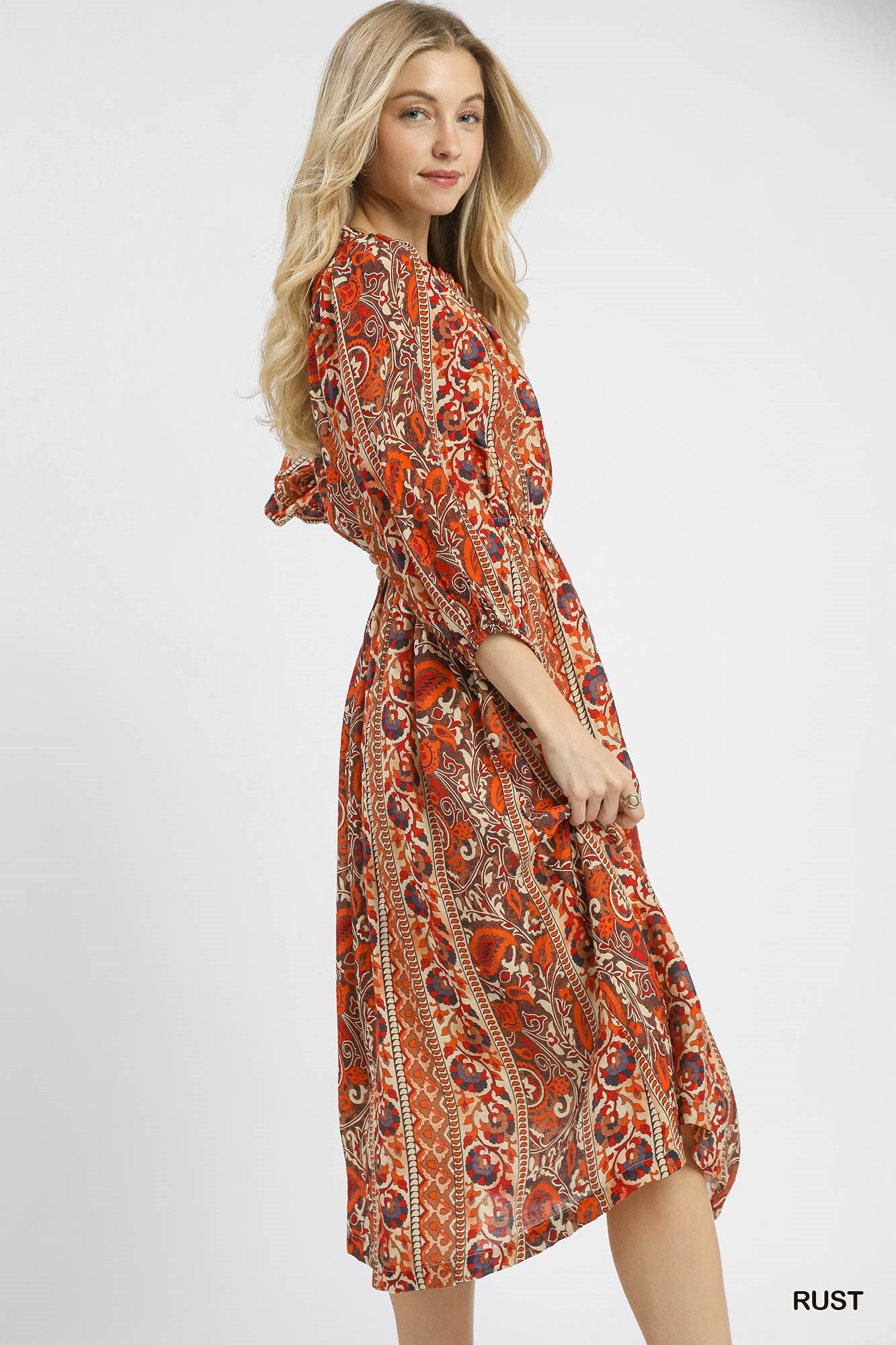 Rust Boho Floral Print Midi Dress
