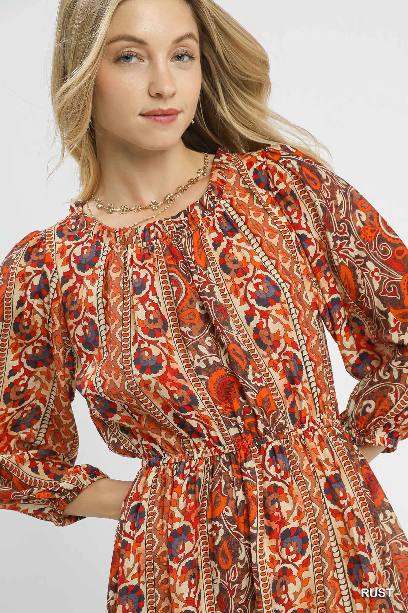 Rust Boho Floral Print Midi Dress