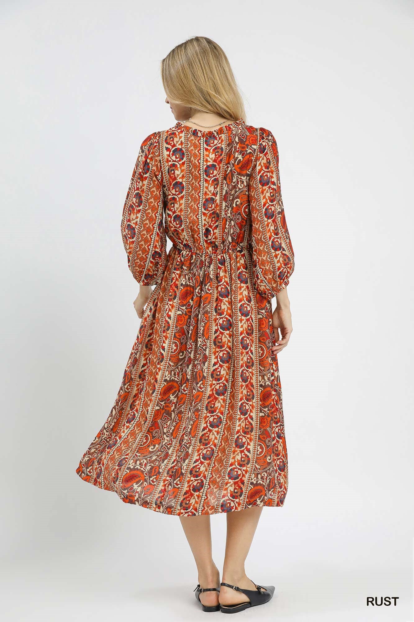 Rust Boho Floral Print Midi Dress