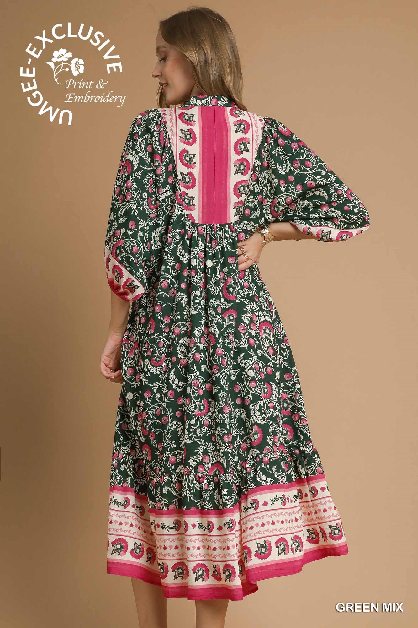 Green & Pink Mixed Midi Floral Dress