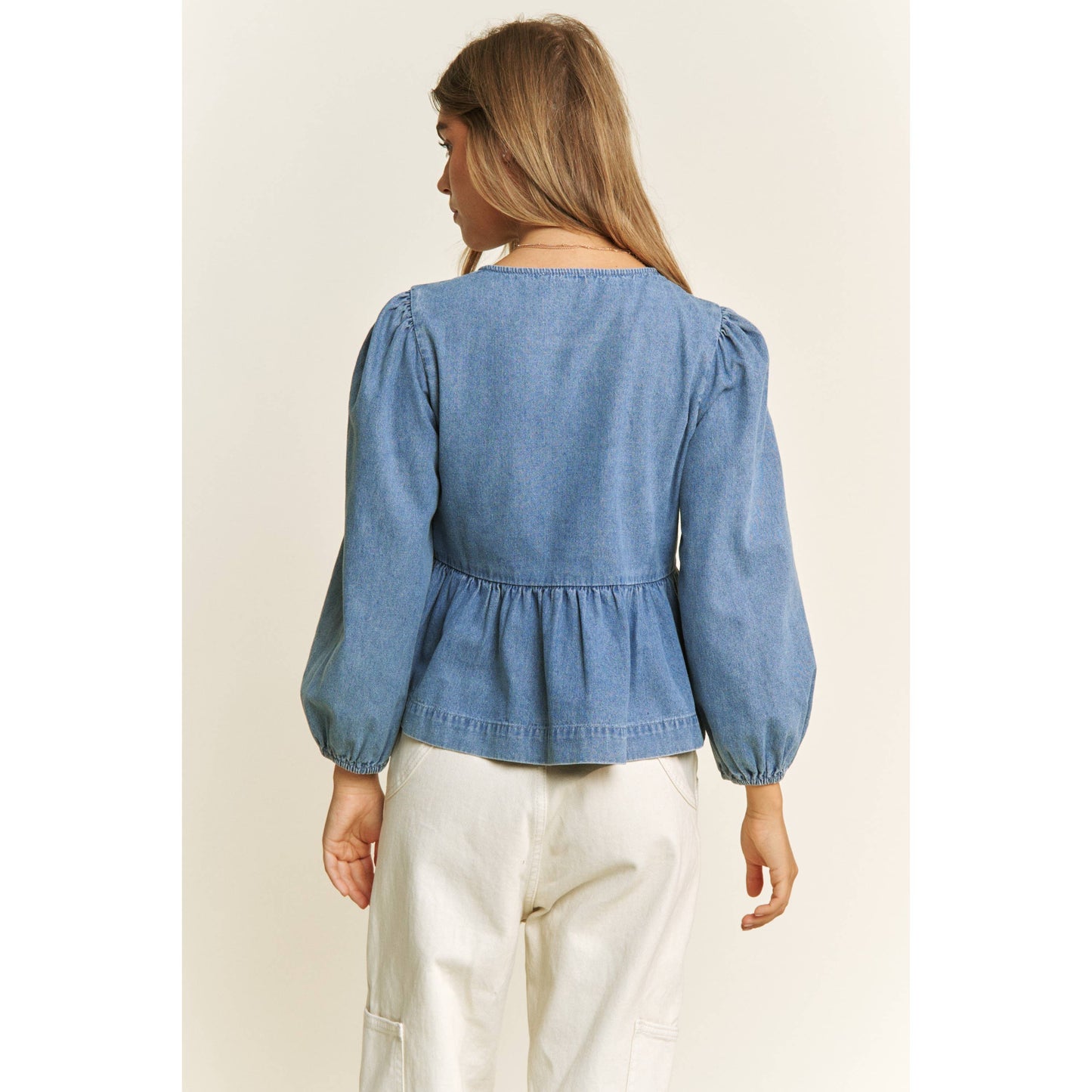 DENIM WASH OPEN FRONT LONG SLEEVE BABYDOLL TOP BLOUSE