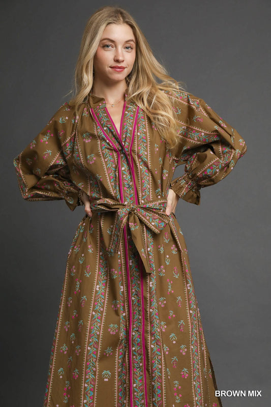 Brown Dress with Pink Piping and Floral Details