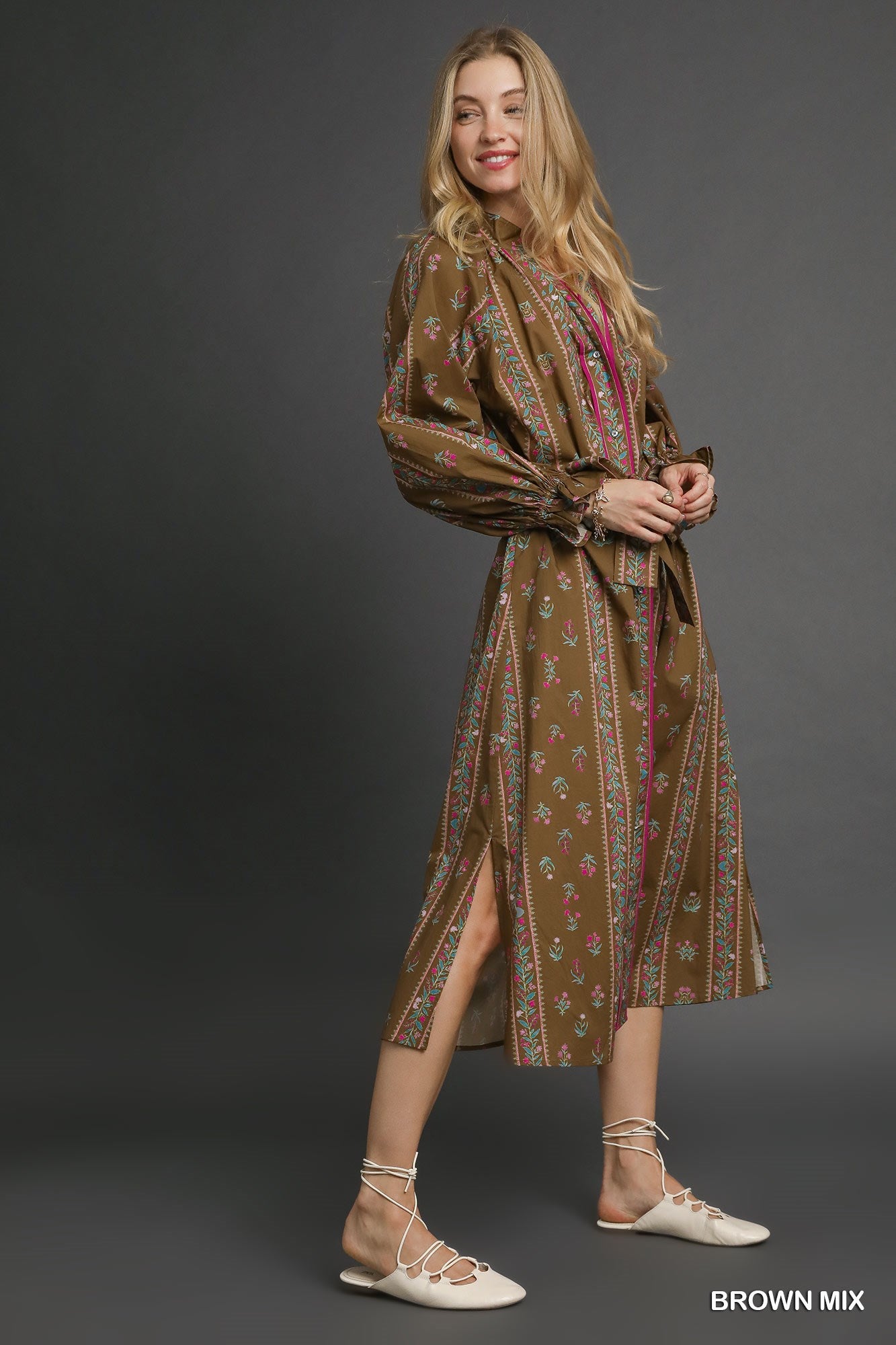 Brown Dress with Pink Piping and Floral Details