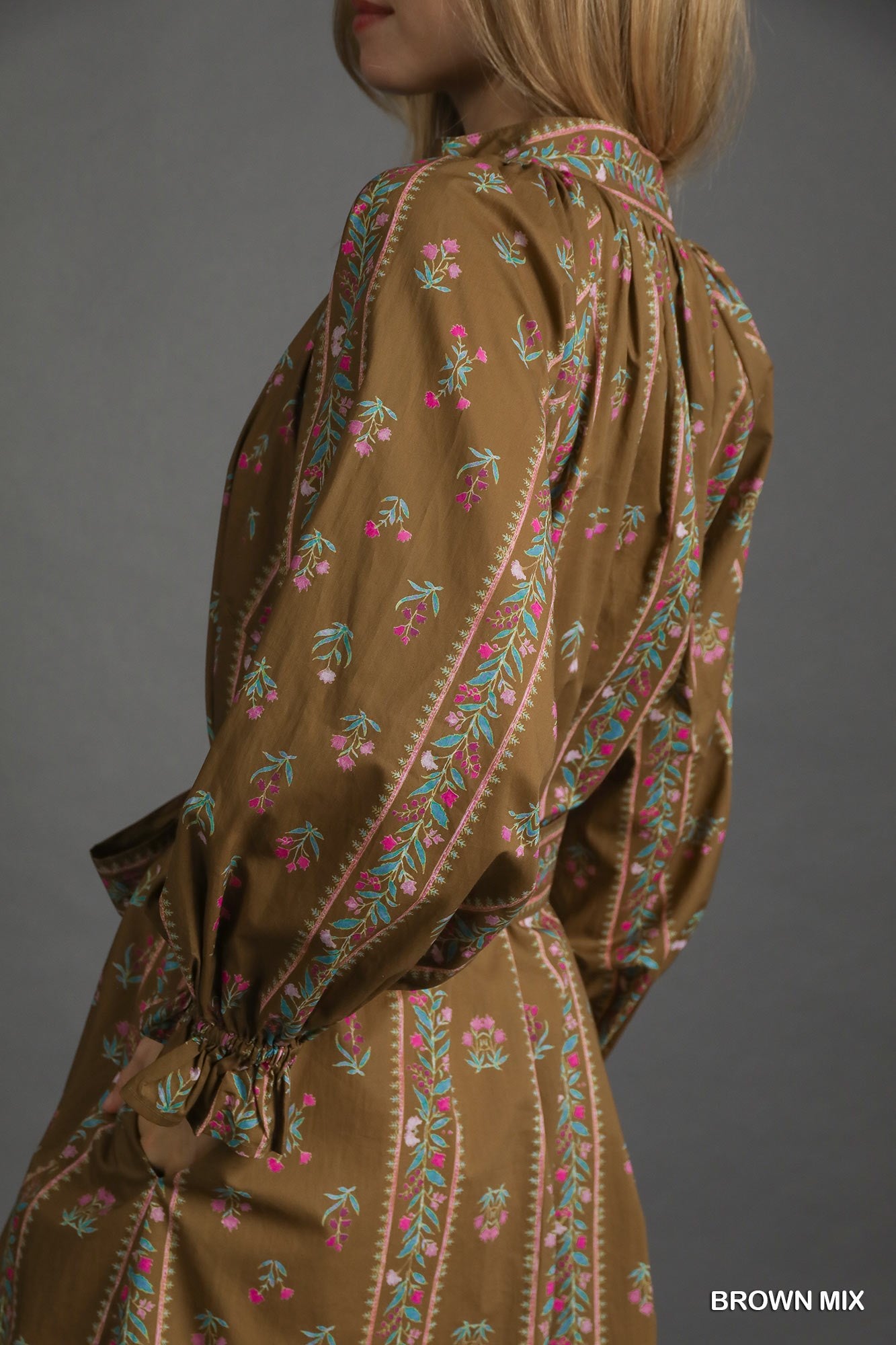 Brown Dress with Pink Piping and Floral Details