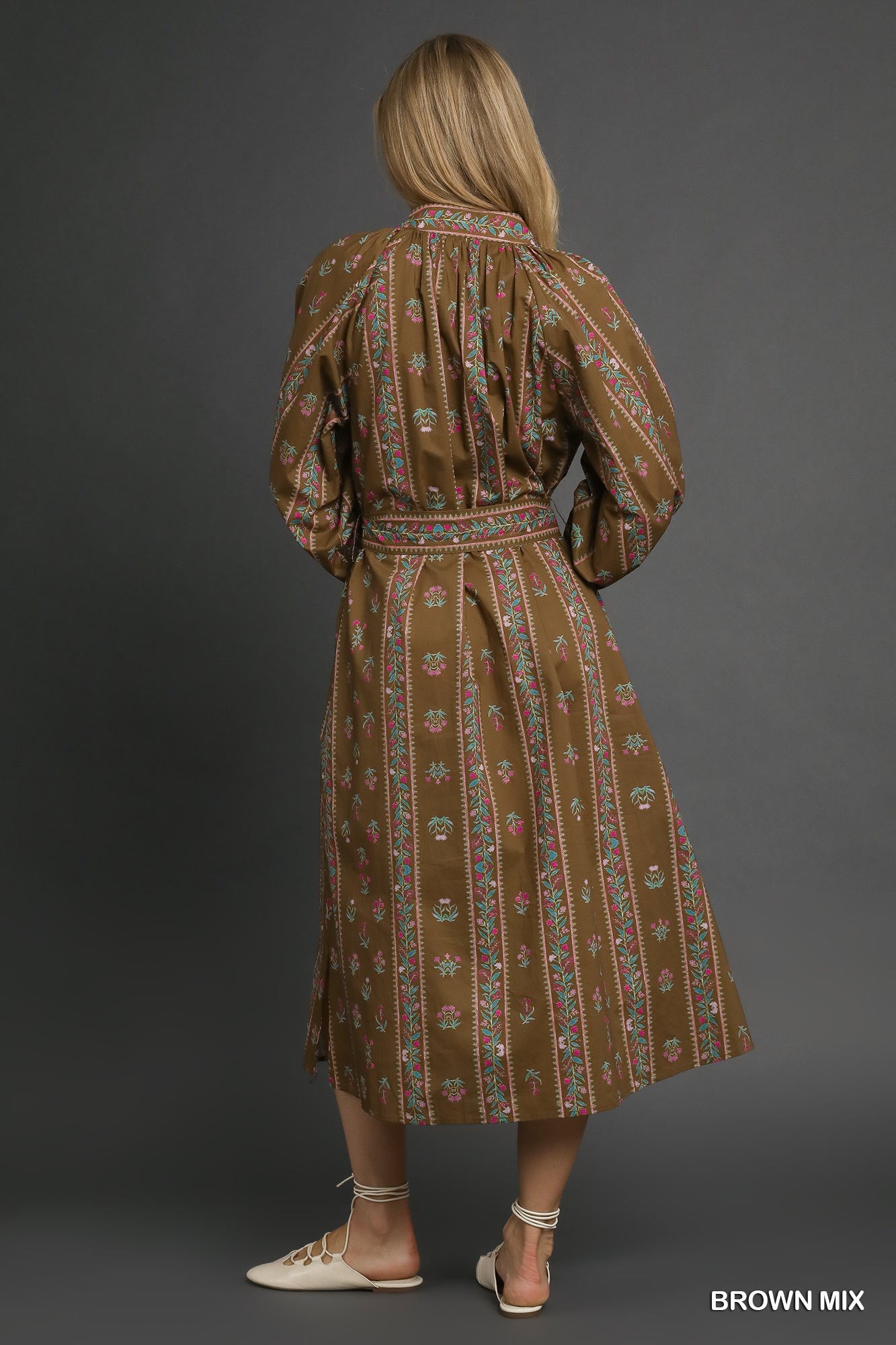 Brown Dress with Pink Piping and Floral Details