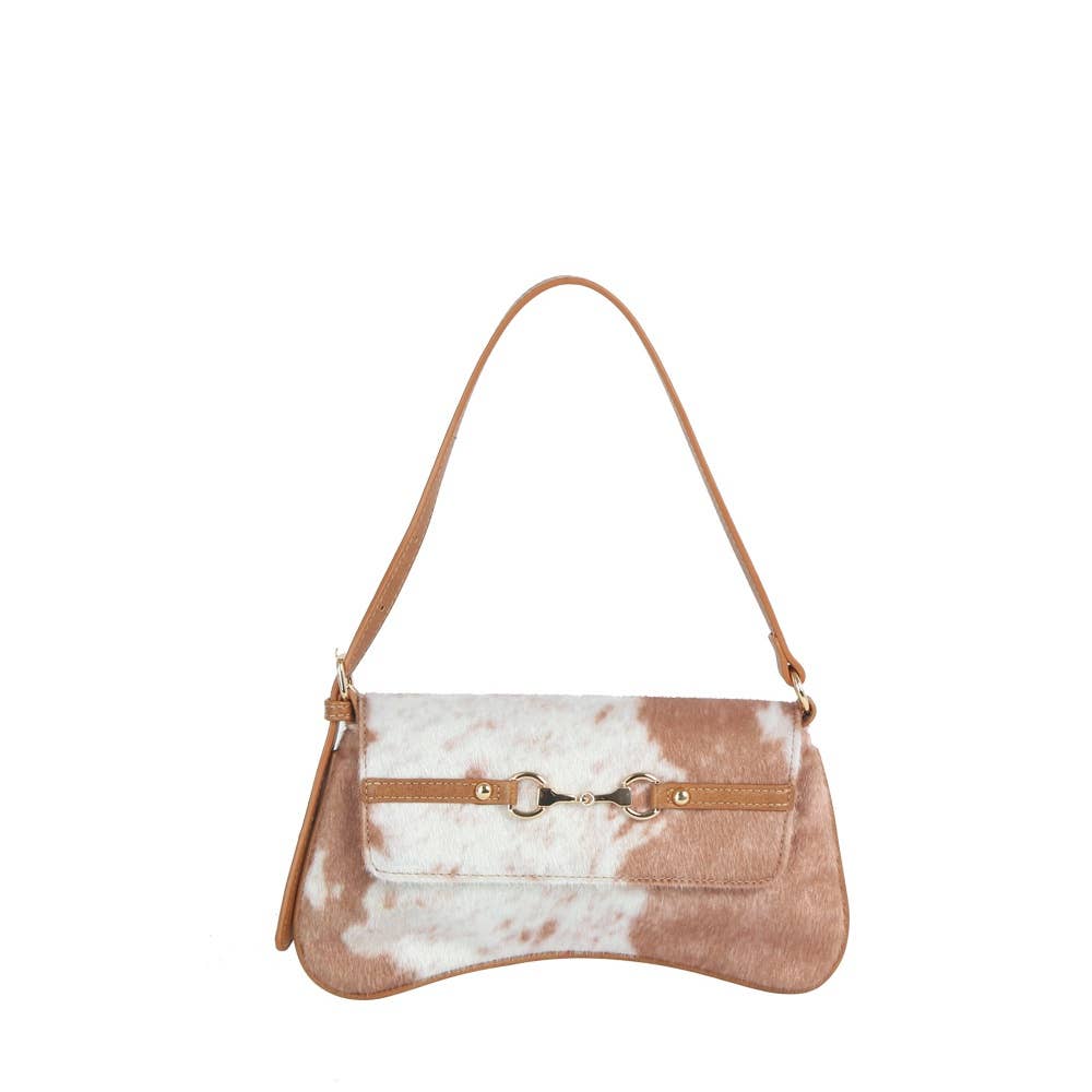 Cow Print Horsebit Flap Shoulder Bag: BROWN