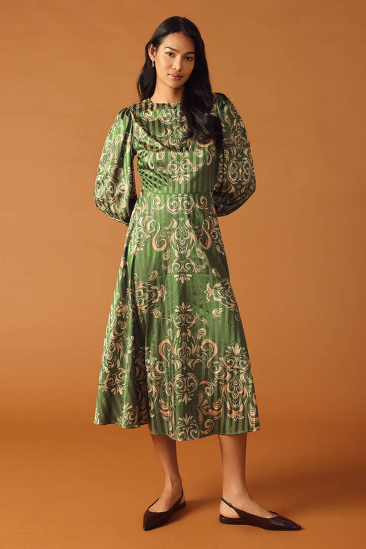 An Olive Green Midi Dress with Gold Scroll Designs