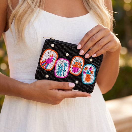 Folk Bird And Blooms Tile Beaded Coin Pouch: BLACK