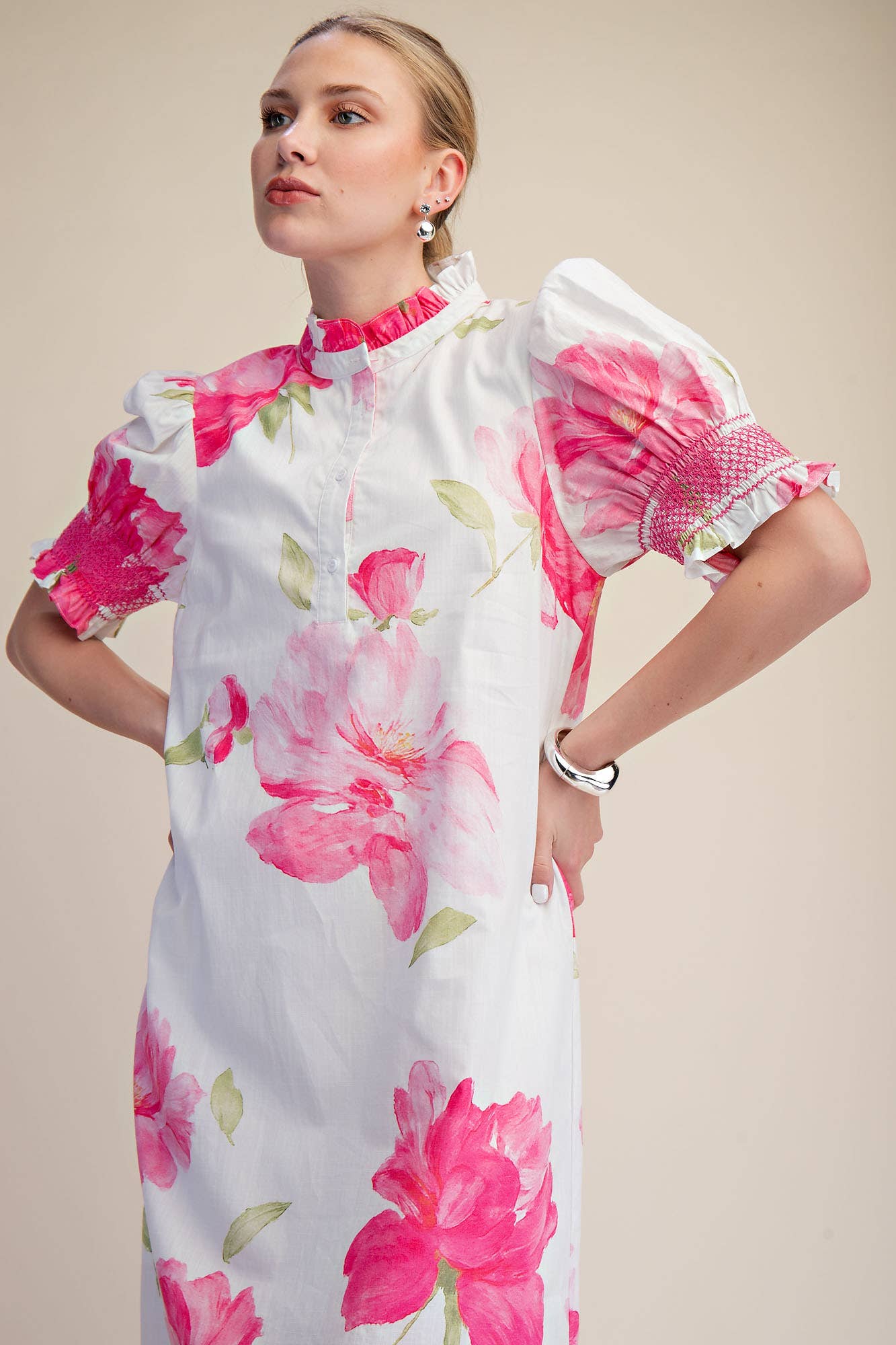 Pink Floral Ruffle Neck Puff Sleeve with Smocking Midi Dress