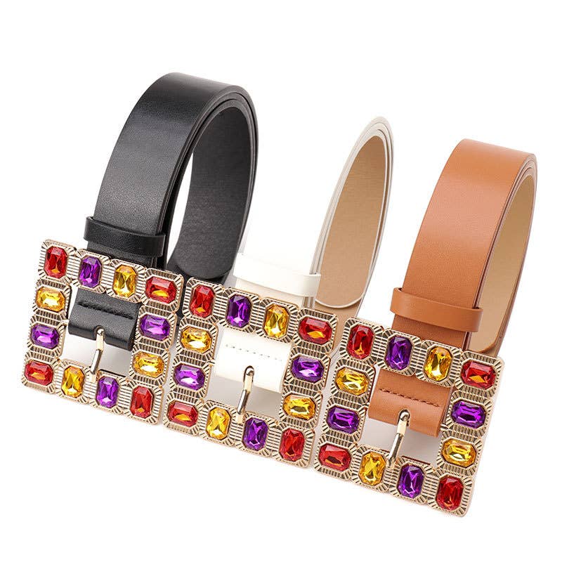Lily Clothing - Diamond gemstone alloy buckle wide belt: WHITE / (OS) 1