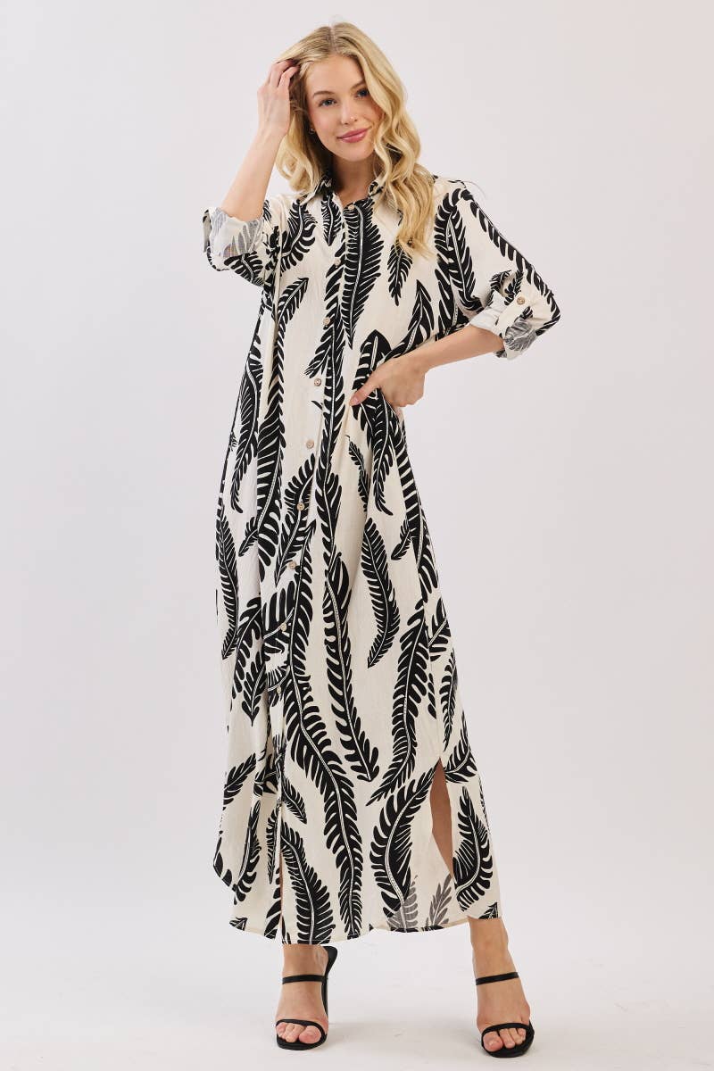 Palm Print Button-Down Maxi Dress