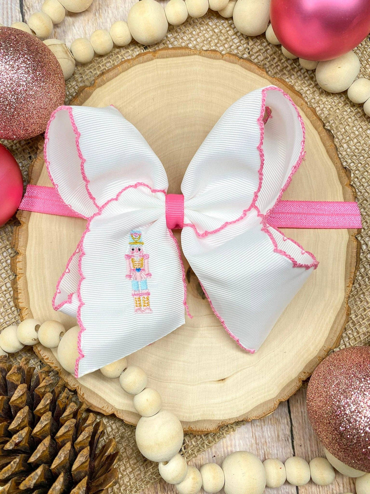 The Hair Bow Company - Pink Nutcracker Embroidered Moonstitch Hair Bow | Clip or Headband: Clip