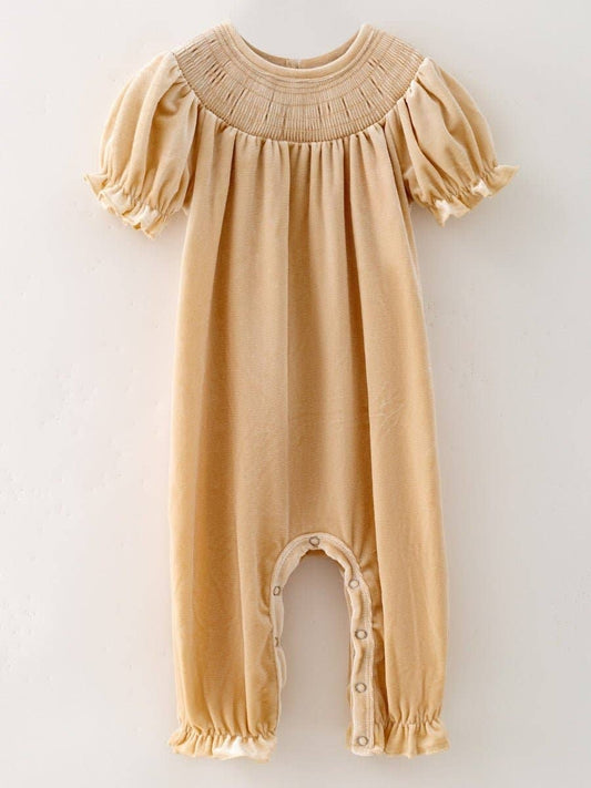 Classic Smocked Holiday Velvet Infant Rompers: Cream / 6-12M