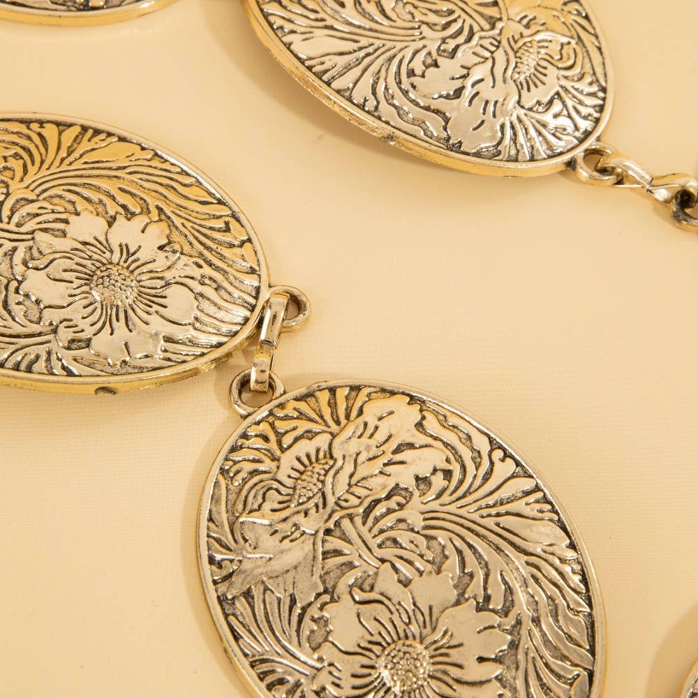 Flower Engraved Oval Concho Chain Belt
