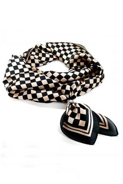 LARGE CHECKER PRINT SILKY FEEL BANDANA SCARF Black