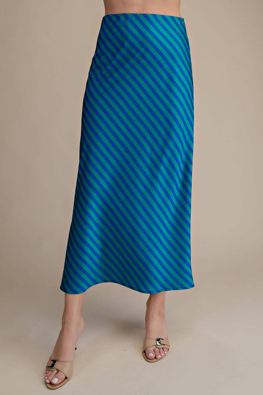 Waist Elastic Band Midi Skirt: Green/Blue