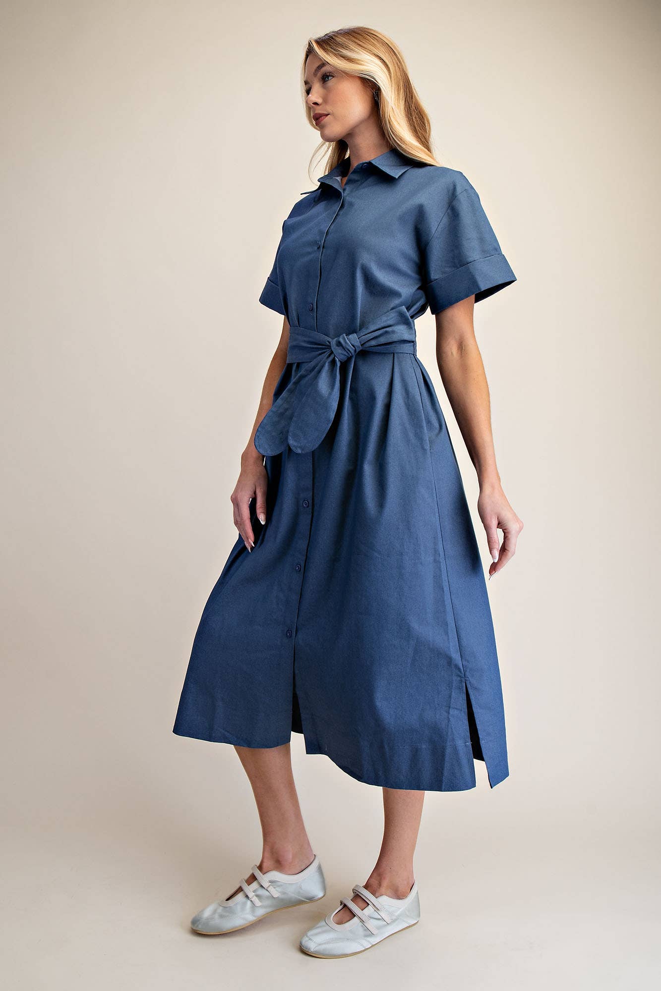 Collar Neck Button Down Shirt Waist Tie Midi Dress: Indigo