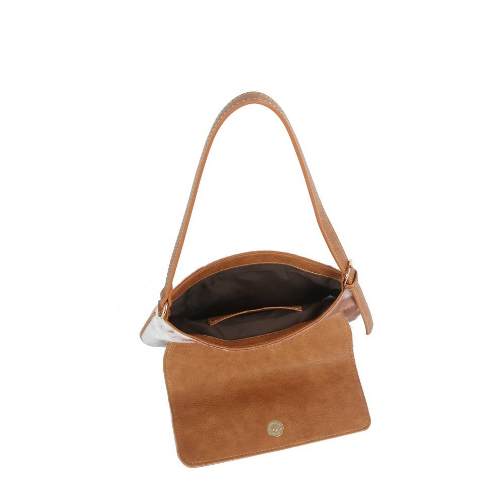Cow Print Horsebit Flap Shoulder Bag: BROWN