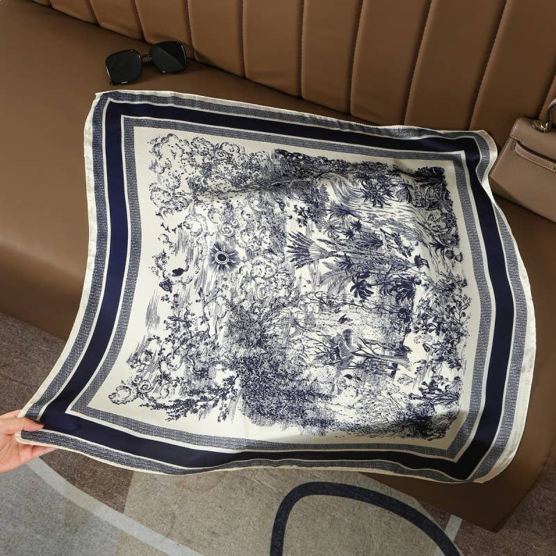 LARGE FLORAL TOILE PRINT BANDANA SCARF NAVY