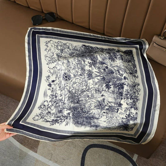 LARGE FLORAL TOILE PRINT BANDANA SCARF NAVY