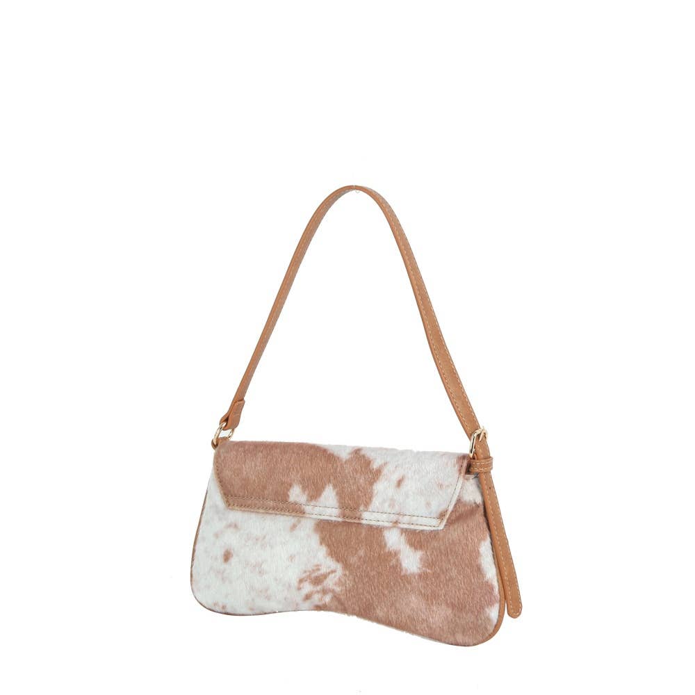 Cow Print Horsebit Flap Shoulder Bag: BROWN