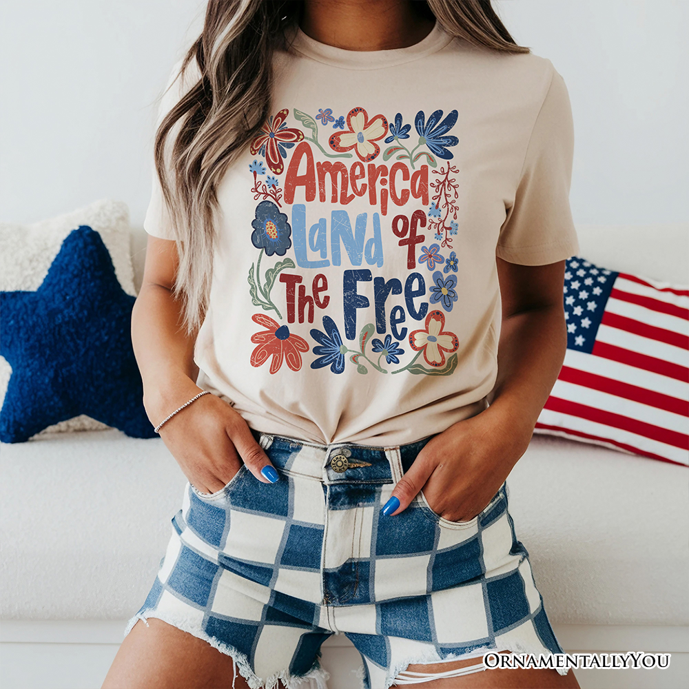 America Land of the Free T-Shirt – Retro Floral Independence
