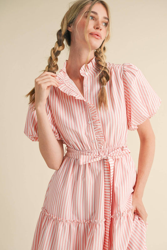 STRIPED RUFFLED BUTON DOWN MIDI DRESS: ROSE PINK