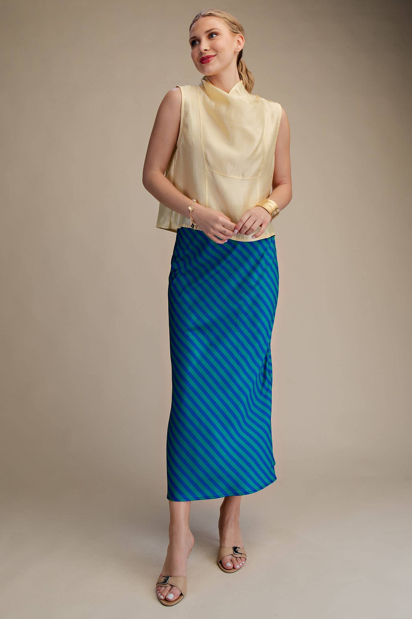 Waist Elastic Band Midi Skirt: Green/Blue