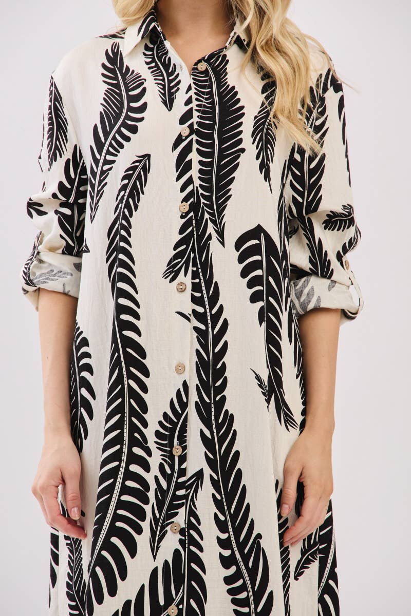 Palm Print Button-Down Maxi Dress