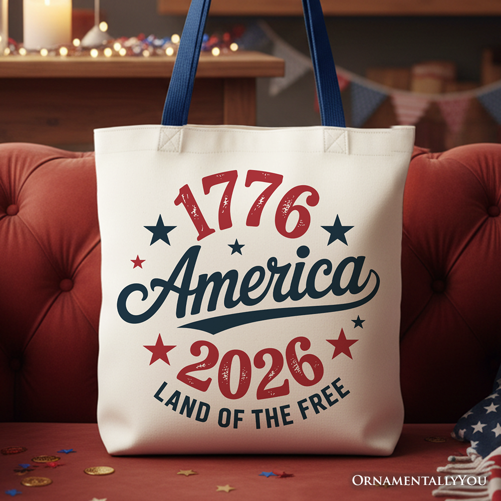 Patriotic America 1776-2026 Land of the Free Canvas Tote Bag, 250 Year Independence Day Celebration